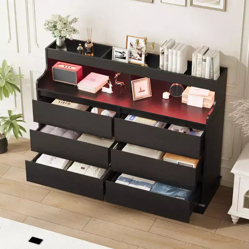6-Drawer Wide Wooden Dresser, Black/White — Bedroom, Living Room & Closet