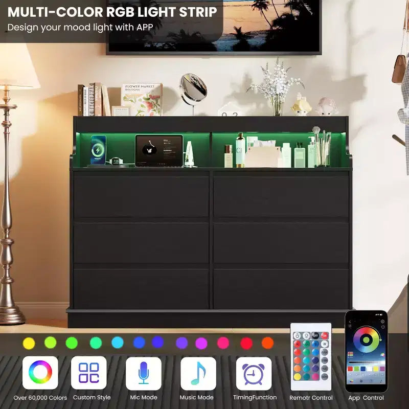 6-Drawer Wide Wooden Dresser, Black/White — Bedroom, Living Room & Closet