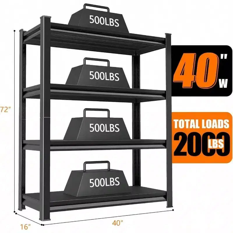 Black Metal Adjustable Garage Storage Rack, Standard, 40"W x 16"D x 72"H