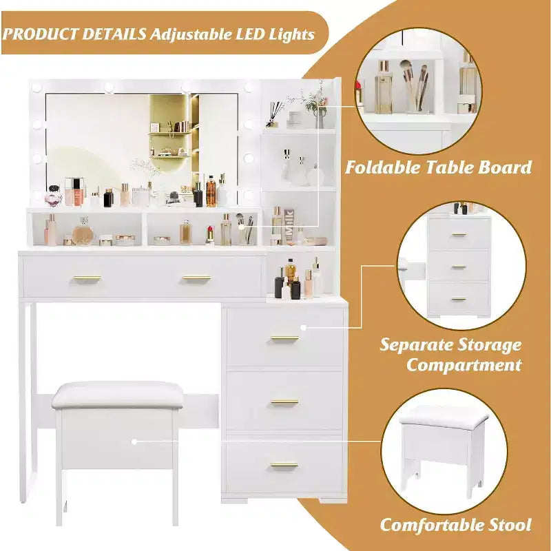 White Lighted Vanity Desk with Mirror, 4 Drawers & 3-Tier Shelves – Single User