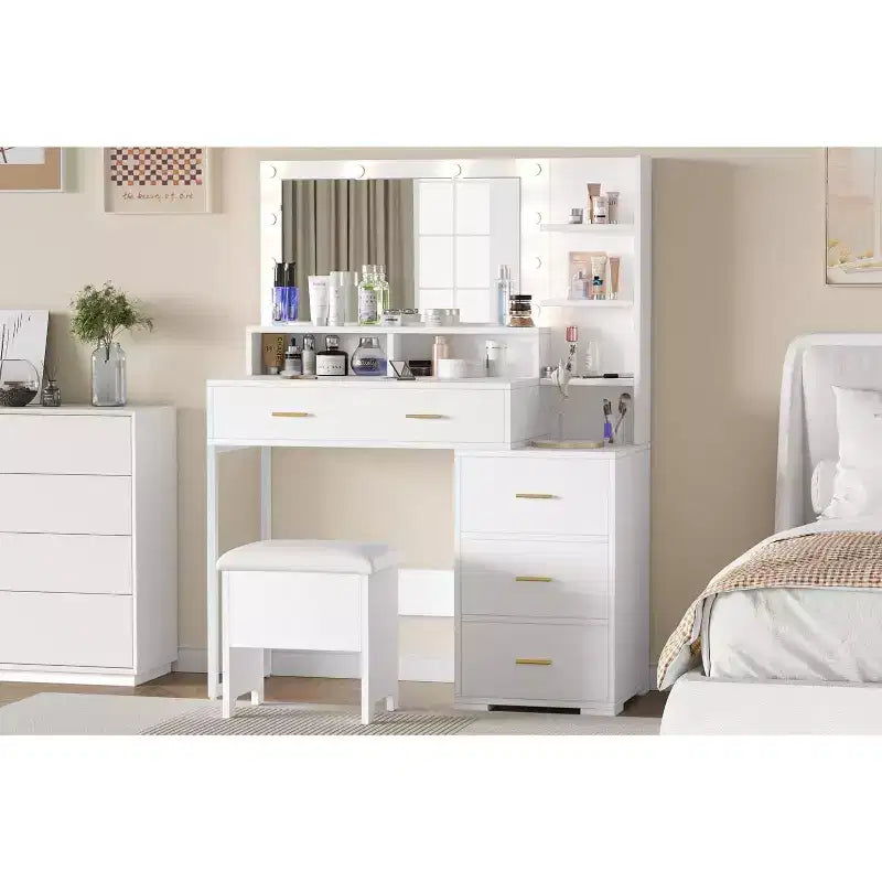 White Lighted Vanity Desk with Mirror, 4 Drawers & 3-Tier Shelves – Single User