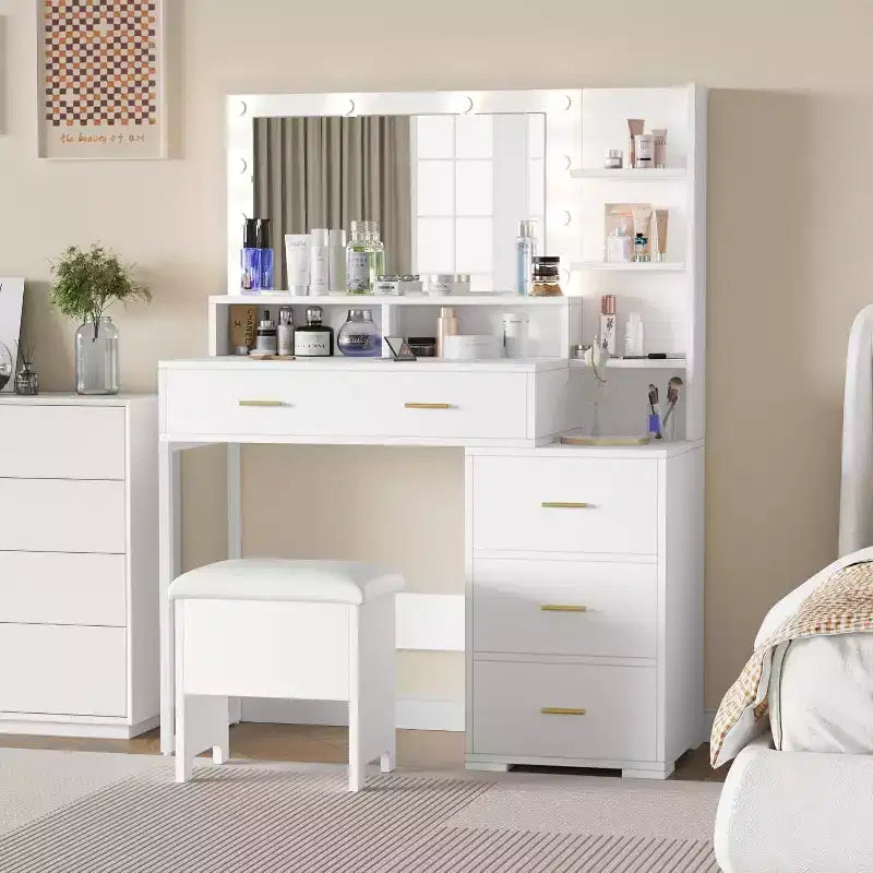 White Lighted Vanity Desk with Mirror, 4 Drawers & 3-Tier Shelves – Single User