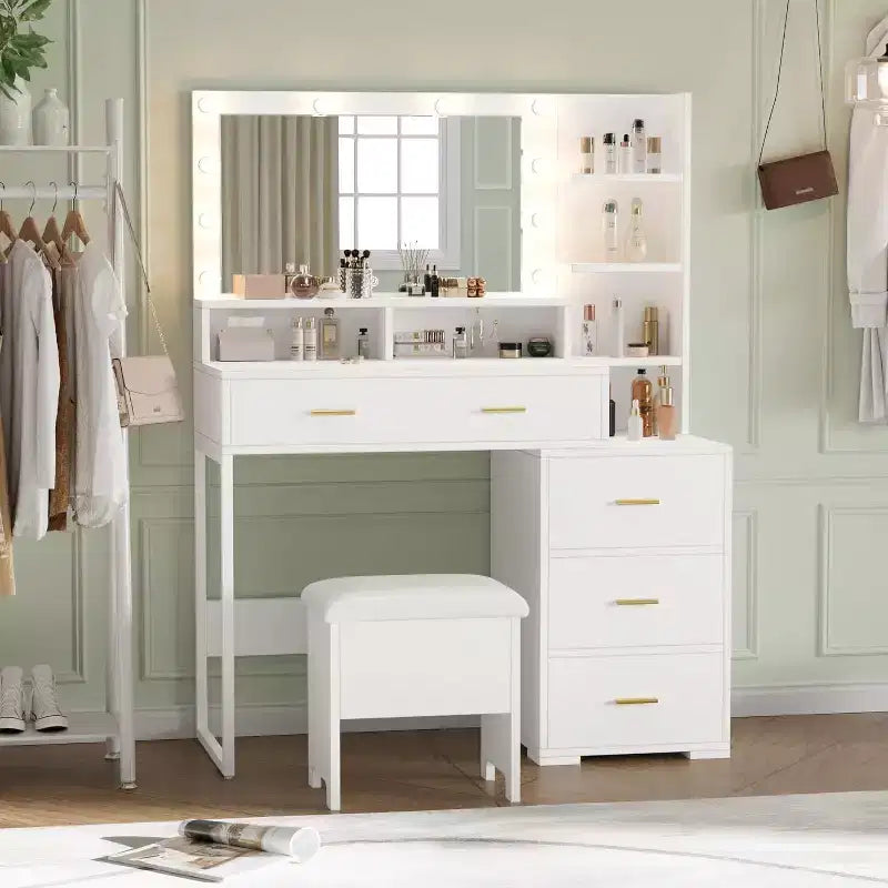 White Lighted Vanity Desk with Mirror, 4 Drawers & 3-Tier Shelves – Single User