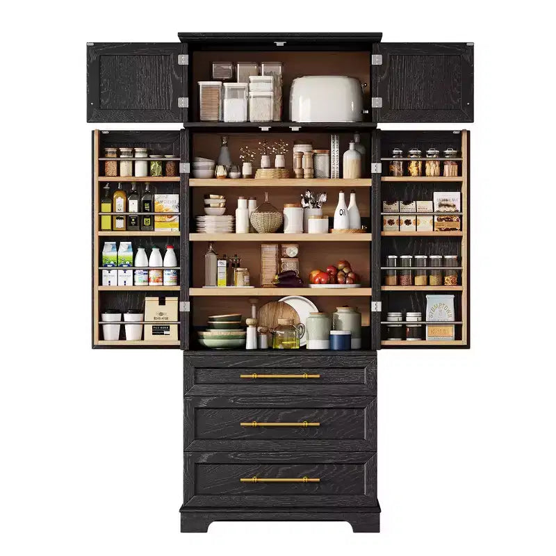 78.2" Farmhouse Pantry Cabinet – 6-Door, 8-Shelf, 1 Drawer | Ash Black / Black / Retro White / White