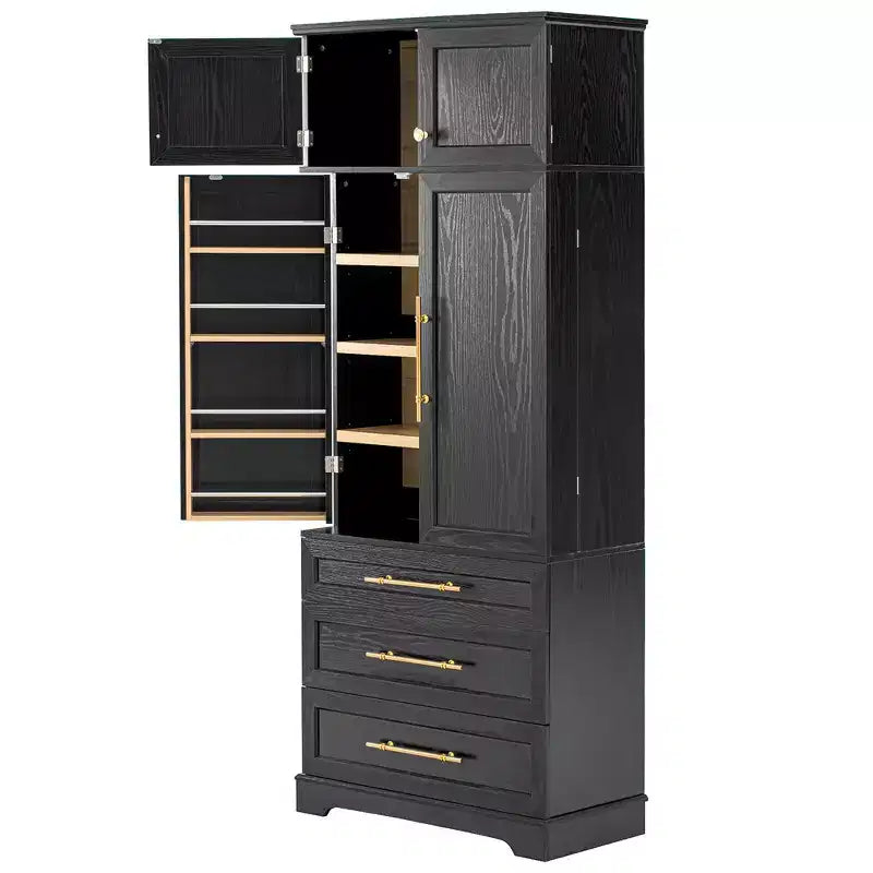 78.2" Farmhouse Pantry Cabinet – 6-Door, 8-Shelf, 1 Drawer | Ash Black / Black / Retro White / White