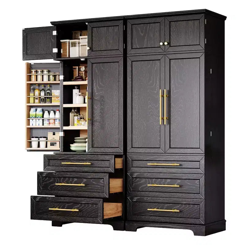 78.2" Farmhouse Pantry Cabinet – 6-Door, 8-Shelf, 1 Drawer | Ash Black / Black / Retro White / White