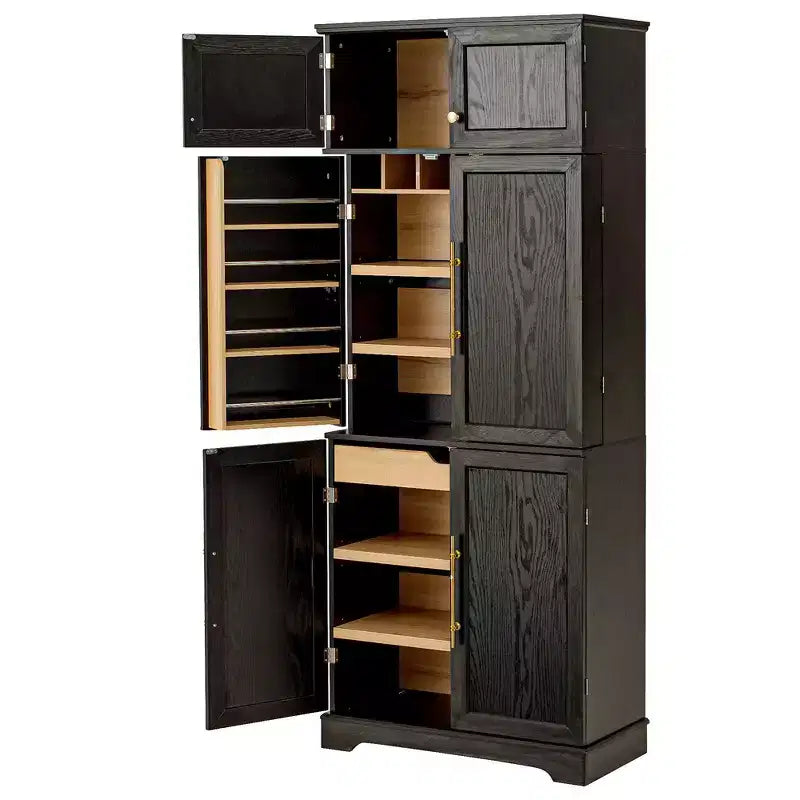 78.2" Farmhouse Pantry Cabinet – 6-Door, 8-Shelf, 1 Drawer | Ash Black / Black / Retro White / White