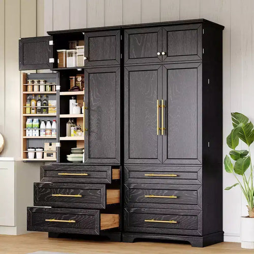 78.2" Farmhouse Pantry Cabinet – 6-Door, 8-Shelf, 1 Drawer | Ash Black / Black / Retro White / White
