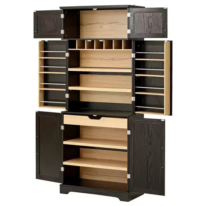 78.2" Farmhouse Pantry Cabinet – 6-Door, 8-Shelf, 1 Drawer | Ash Black / Black / Retro White / White