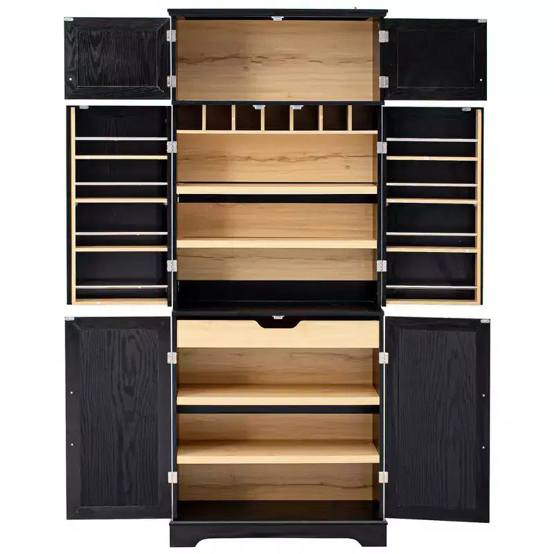 78.2" Farmhouse Pantry Cabinet – 6-Door, 8-Shelf, 1 Drawer | Ash Black / Black / Retro White / White