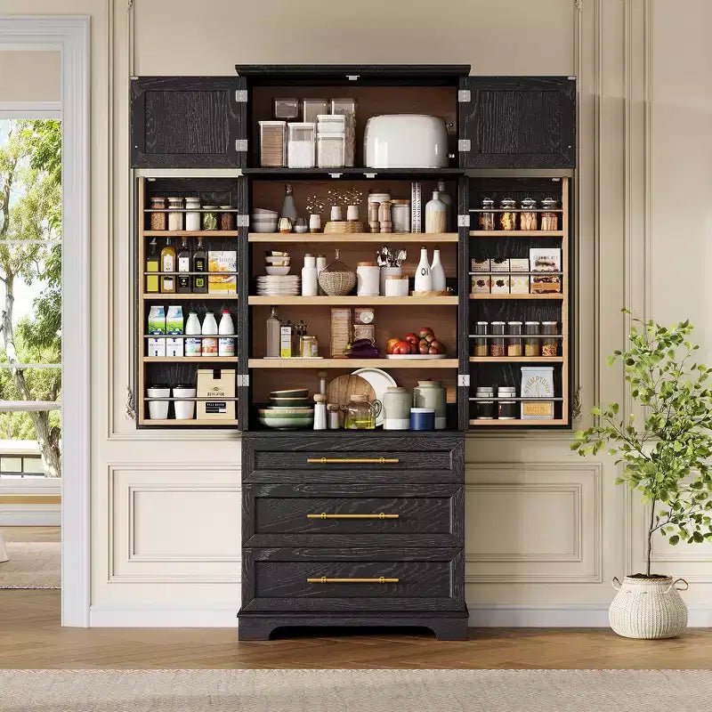 78.2" Farmhouse Pantry Cabinet – 6-Door, 8-Shelf, 1 Drawer | Ash Black / Black / Retro White / White