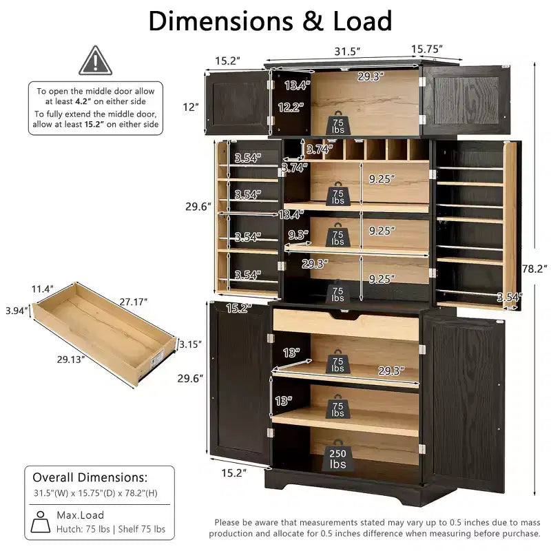 78.2" Farmhouse Pantry Cabinet – 6-Door, 8-Shelf, 1 Drawer | Ash Black / Black / Retro White / White
