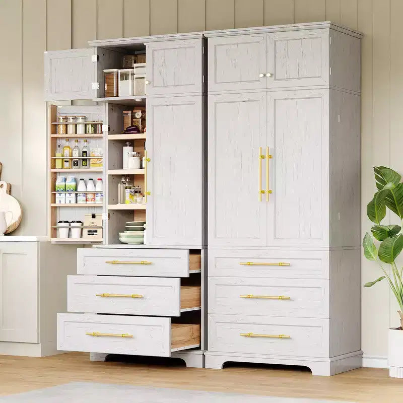 78.2" Farmhouse Pantry Cabinet – 6-Door, 8-Shelf, 1 Drawer | Ash Black / Black / Retro White / White