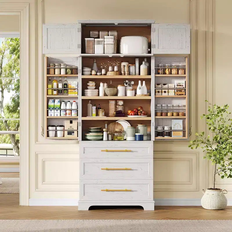 78.2" Farmhouse Pantry Cabinet – 6-Door, 8-Shelf, 1 Drawer | Ash Black / Black / Retro White / White