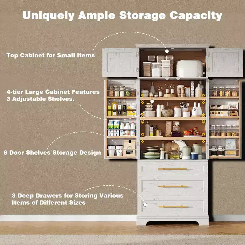 78.2" Farmhouse Pantry Cabinet – 6-Door, 8-Shelf, 1 Drawer | Ash Black / Black / Retro White / White
