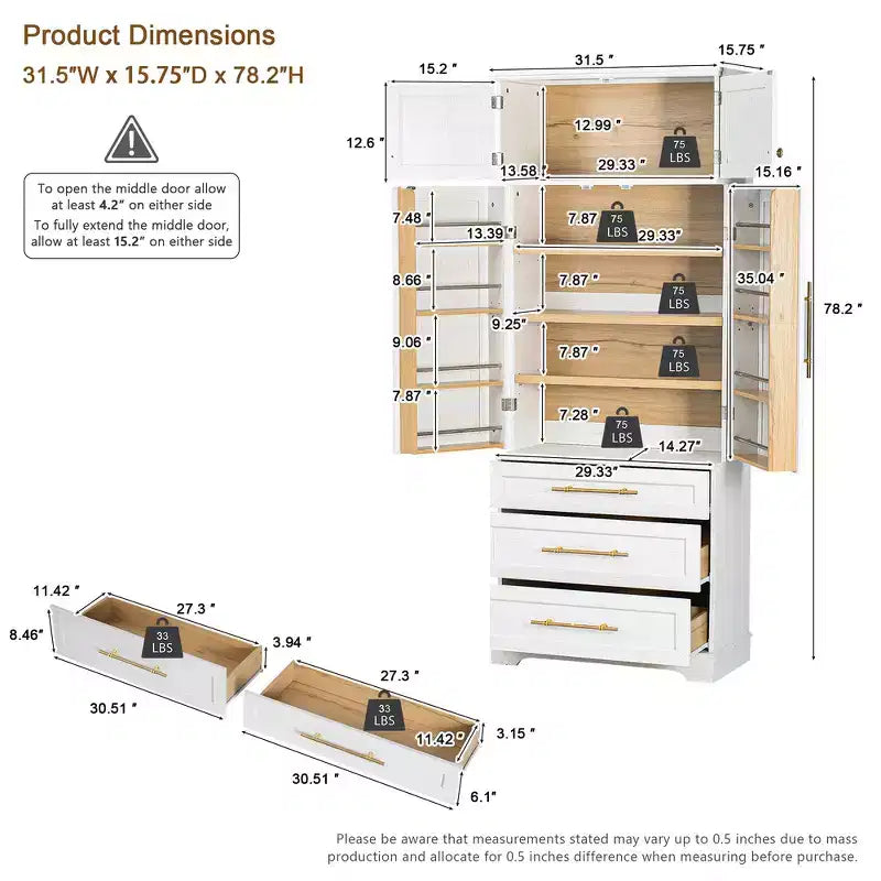 78.2" Farmhouse Pantry Cabinet – 6-Door, 8-Shelf, 1 Drawer | Ash Black / Black / Retro White / White