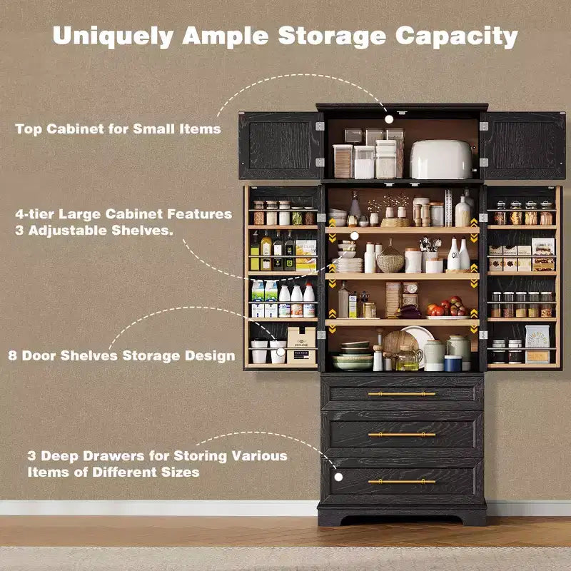 78.2" Farmhouse Pantry Cabinet – 6-Door, 8-Shelf, 1 Drawer | Ash Black / Black / Retro White / White
