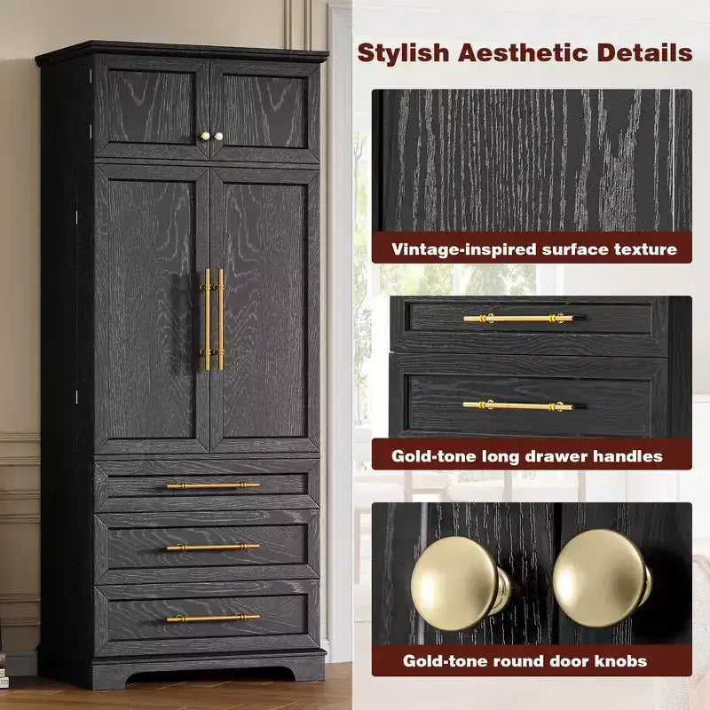 78.2" Farmhouse Pantry Cabinet – 6-Door, 8-Shelf, 1 Drawer | Ash Black / Black / Retro White / White