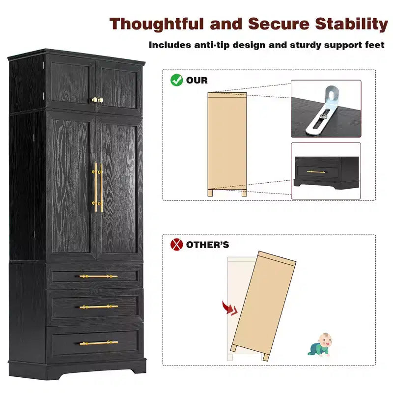 78.2" Farmhouse Pantry Cabinet – 6-Door, 8-Shelf, 1 Drawer | Ash Black / Black / Retro White / White