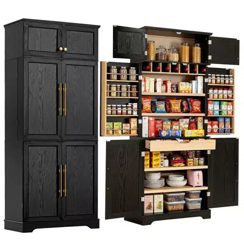 78.2" Farmhouse Pantry Cabinet – 6-Door, 8-Shelf, 1 Drawer | Ash Black / Black / Retro White / White