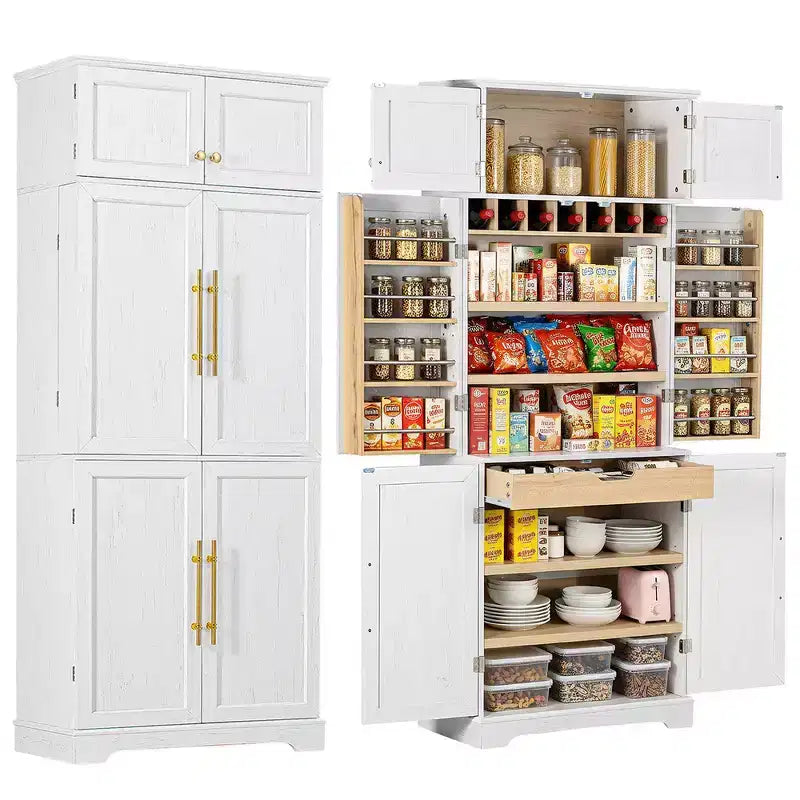 78.2" Farmhouse Pantry Cabinet – 6-Door, 8-Shelf, 1 Drawer | Ash Black / Black / Retro White / White