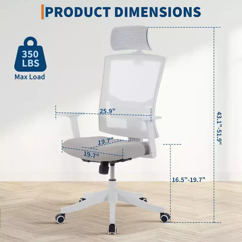 High Back Mesh Office Chair, White/Black, Flip-Up Arms, Single Seat