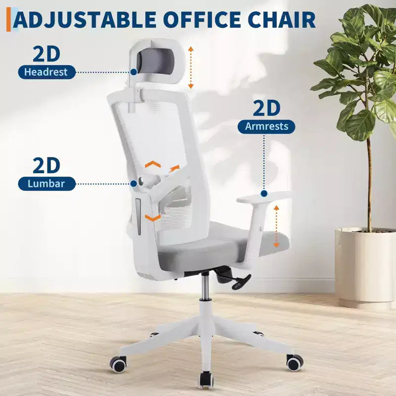 High Back Mesh Office Chair, White/Black, Flip-Up Arms, Single Seat