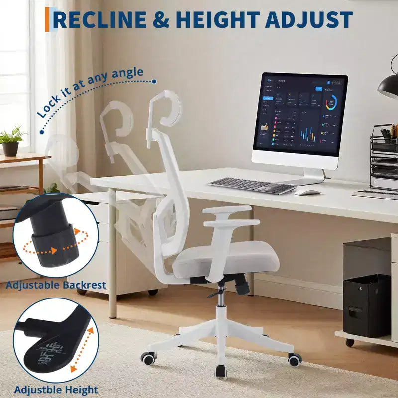 High Back Mesh Office Chair, White/Black, Flip-Up Arms, Single Seat