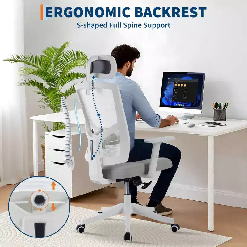 High Back Mesh Office Chair, White/Black, Flip-Up Arms, Single Seat