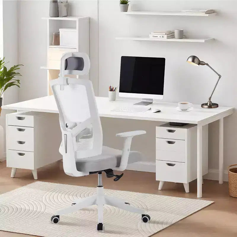High Back Mesh Office Chair, White/Black, Flip-Up Arms, Single Seat