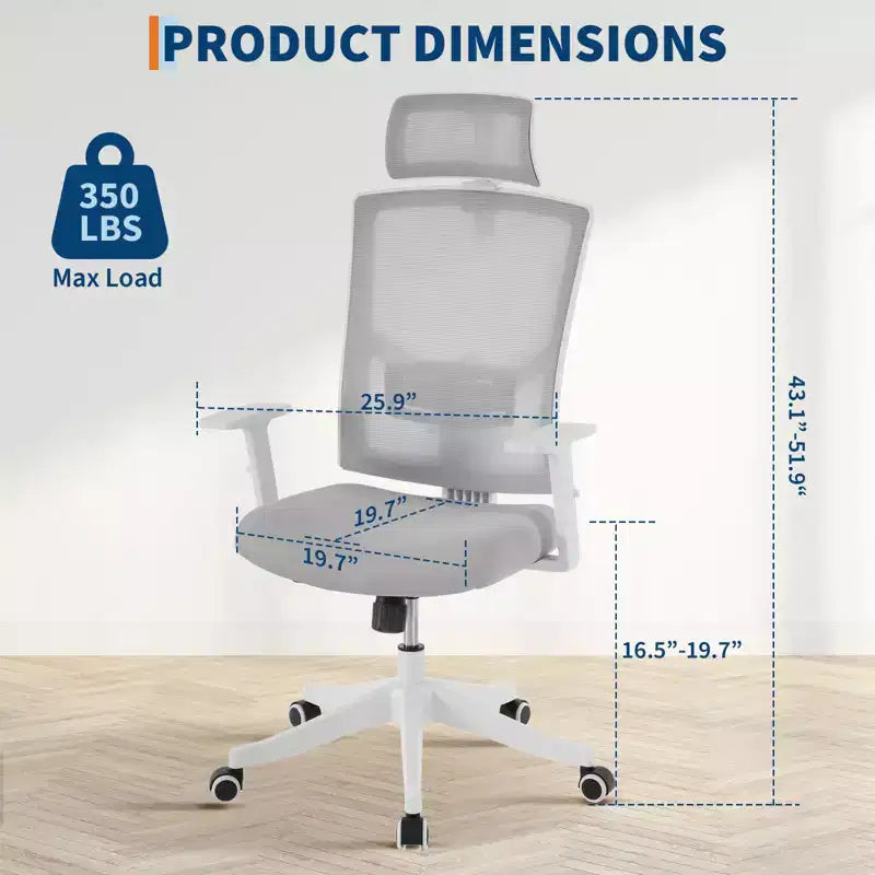 High Back Mesh Office Chair, White/Black, Flip-Up Arms, Single Seat