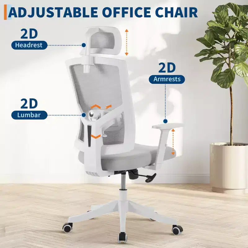 High Back Mesh Office Chair, White/Black, Flip-Up Arms, Single Seat