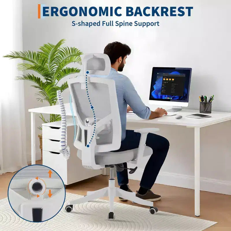 High Back Mesh Office Chair, White/Black, Flip-Up Arms, Single Seat
