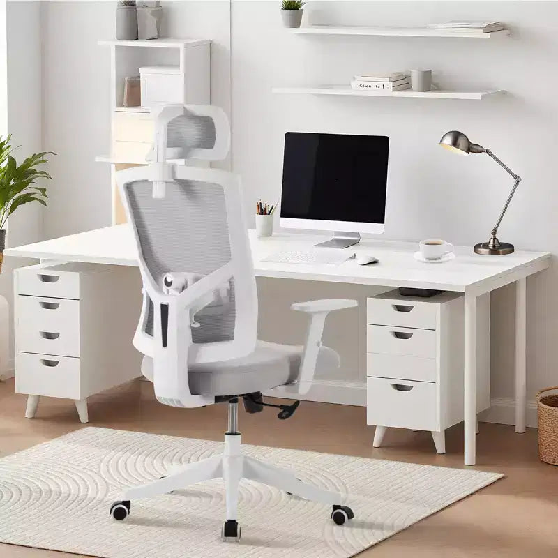 High Back Mesh Office Chair, White/Black, Flip-Up Arms, Single Seat