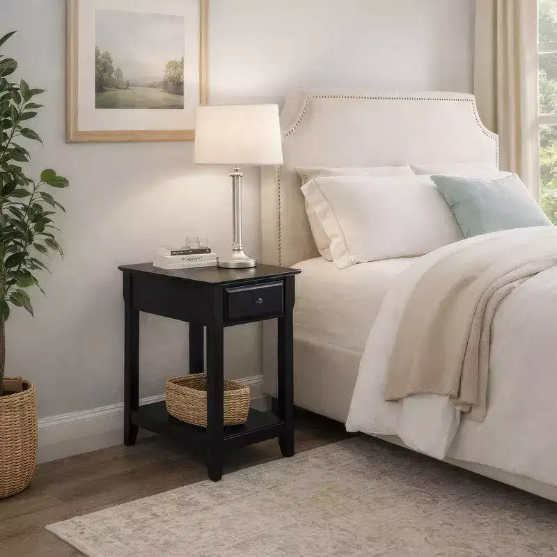 Black Wood End Table with Drawer and Open Shelf