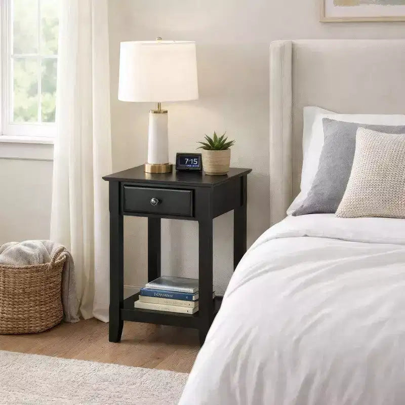 Black Wood End Table with Drawer and Open Shelf