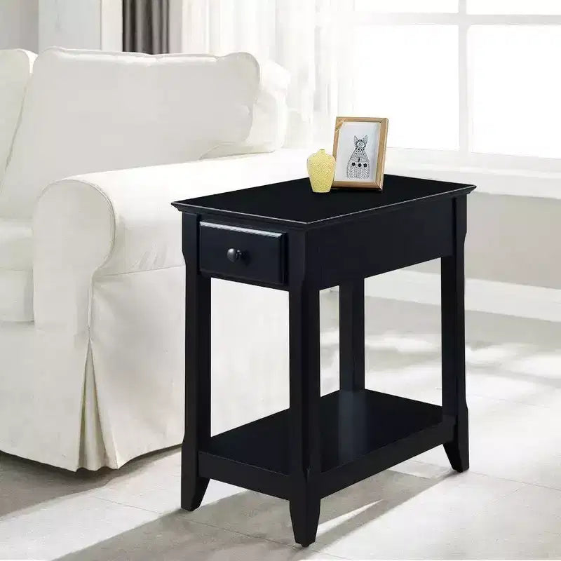 Black Wood End Table with Drawer and Open Shelf