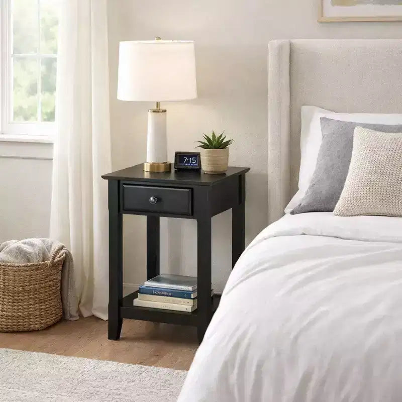 Black Wood End Table with Drawer and Open Shelf
