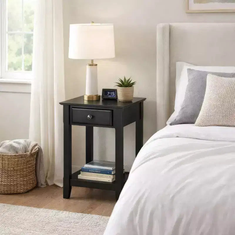 Black Wood End Table with Drawer and Open Shelf