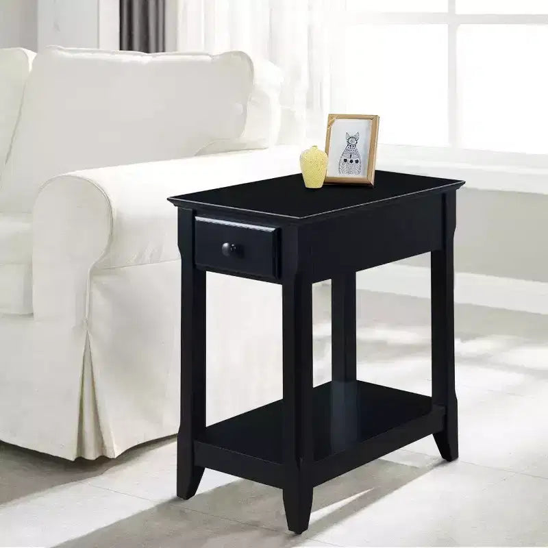 Black Wood End Table with Drawer and Open Shelf
