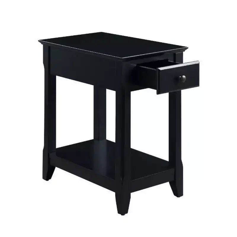 Black Wood End Table with Drawer and Open Shelf