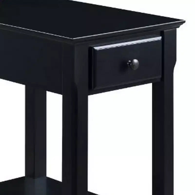Black Wood End Table with Drawer and Open Shelf