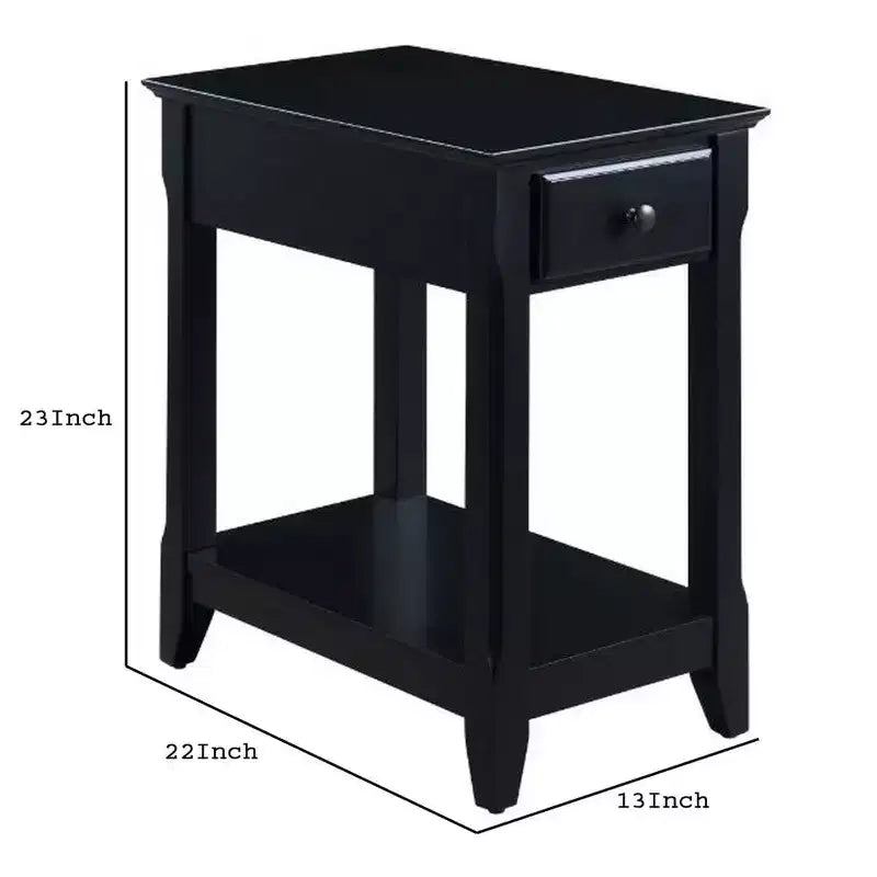 Black Wood End Table with Drawer and Open Shelf