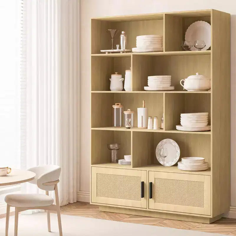 5-Level Bohemian Bookshelf with Rattan Doors C Tall Wooden Storage Cabinet for Home, Office & Bedroom