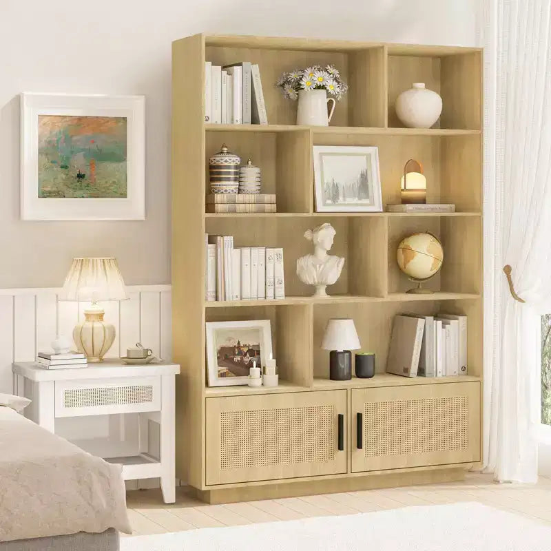 Natural Brown 5-Shelf Bookcase with Rattan Doors, 2-Door Cabinet, 1-Person Assembly