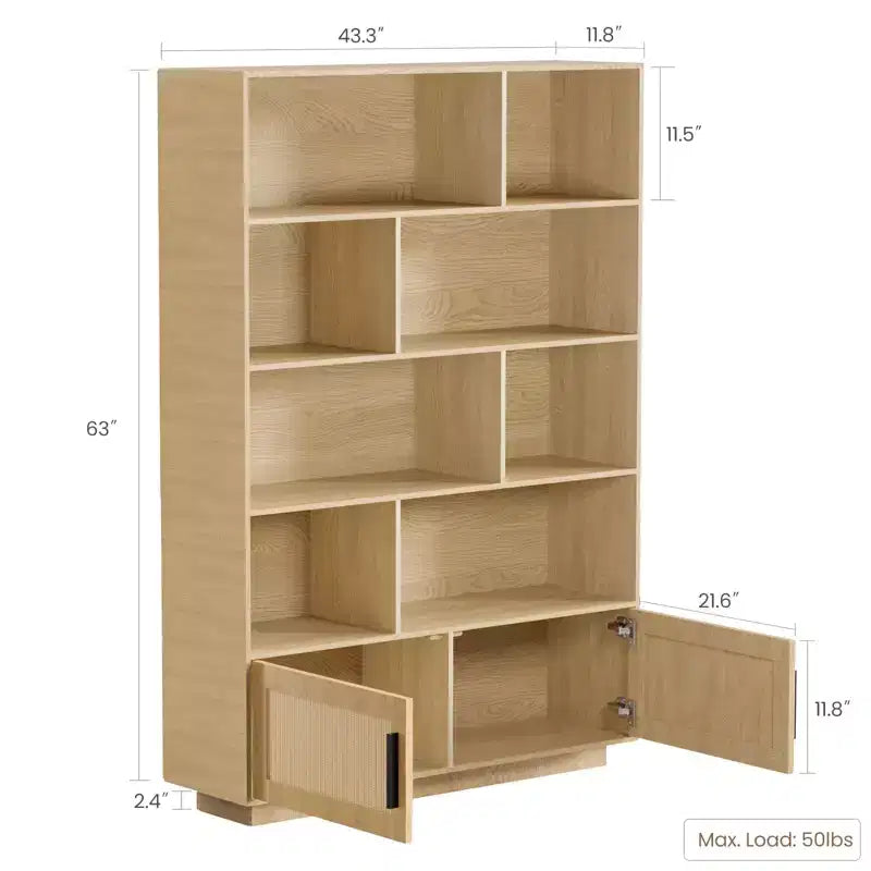 Natural Brown 5-Shelf Bookcase with Rattan Doors, 2-Door Cabinet, 1-Person Assembly