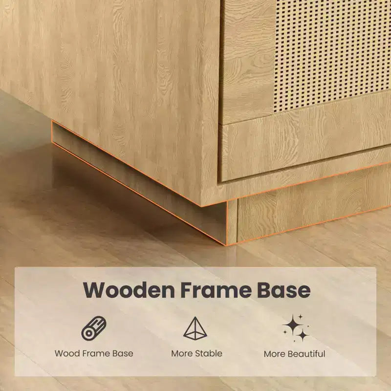 Natural Brown 5-Shelf Bookcase with Rattan Doors, 2-Door Cabinet, 1-Person Assembly
