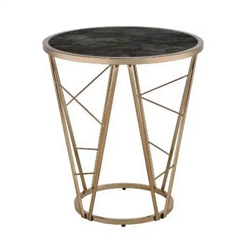 Royal Hampton End Table with Glass Top and Geometric Frame, Black and Gold