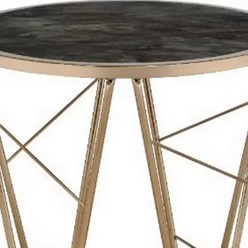 Gold Round Glass End Table with Geometric Metal Frame, Black