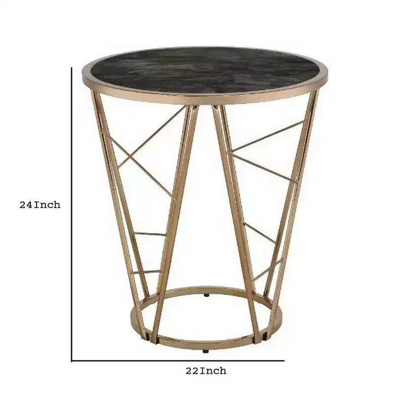 Gold Round Glass End Table with Geometric Metal Frame, Black